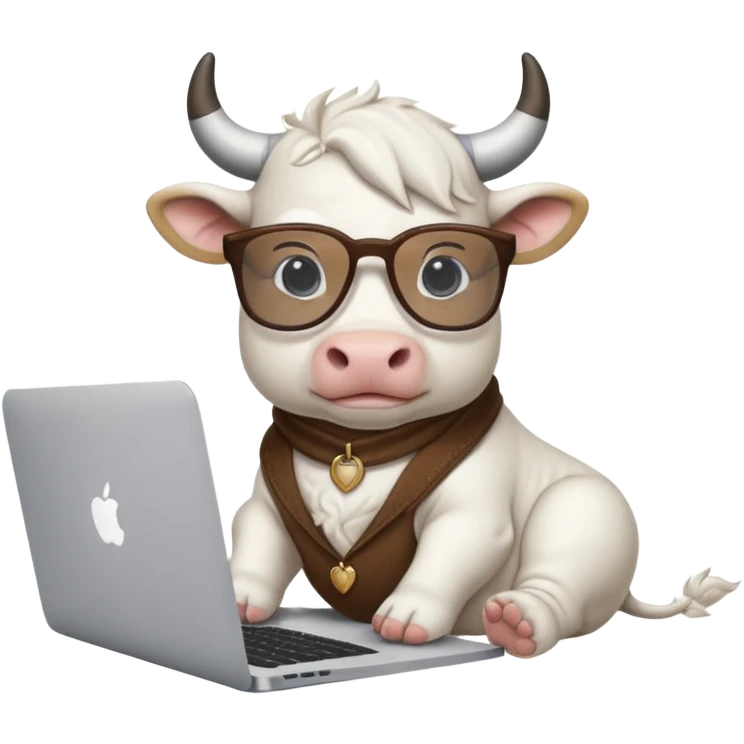 baby white bull in fancy glasses sitting in front of a macbook, working  emoji
