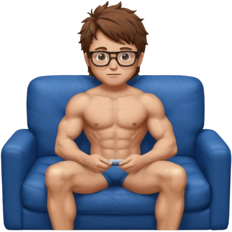 Nude white man with glasses brown messy hair sat on blue sofa. emoji