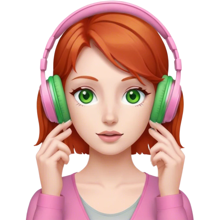 Red head with green eyes listening to music on pink wireless headphones  emoji