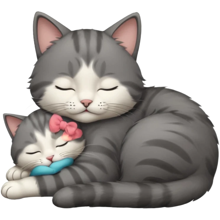 dark grey and white small cat with closed eyes, leaning his head on his paw while leaning on his elbow lying down emoji