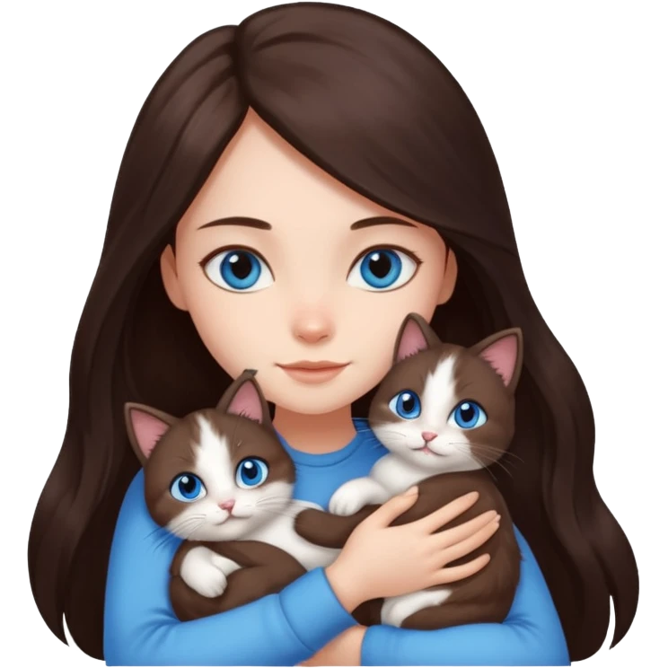a pretty girl with long dark 
brown hair, with blue eyes, hugs 3 different natural coloured small cats emoji