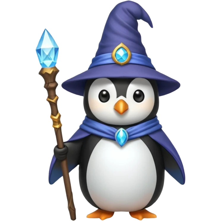 penguin wizard holding a staff wearing a wizard hat magical emoji