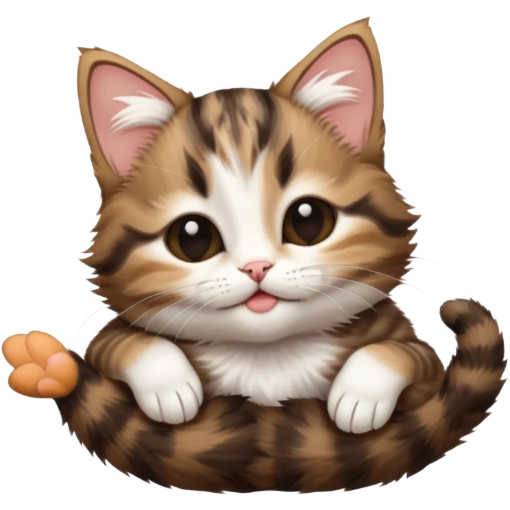 dark brown tabby and white kitten in funny positions stretched our upside down with eyes closed emoji