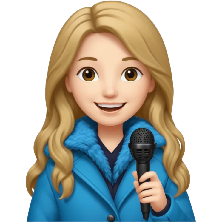 long haired woman with winter clothes holding microphone emoji