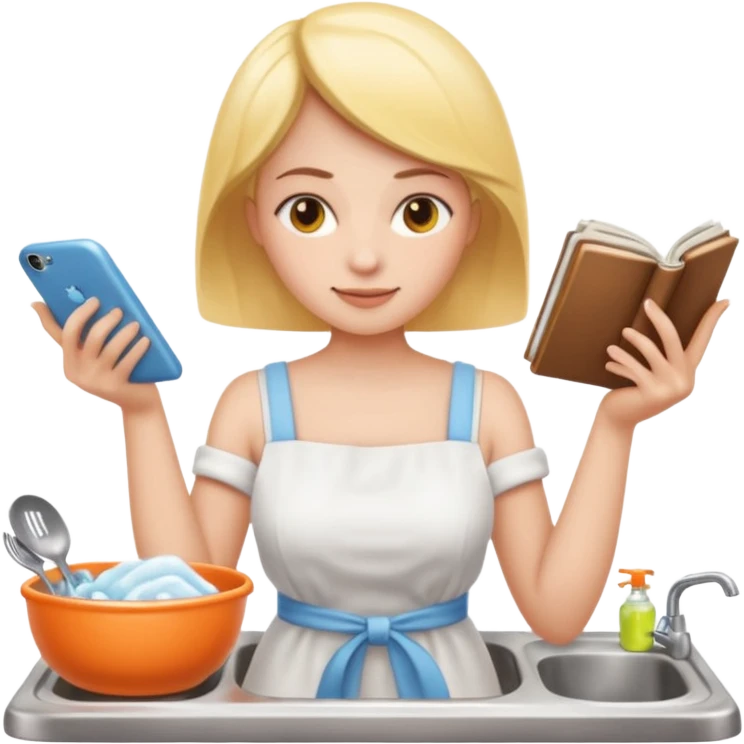 woman perfectionist with 4 arms texting a message wahsing dishes and reading a book 
more dinamic emoji  emoji