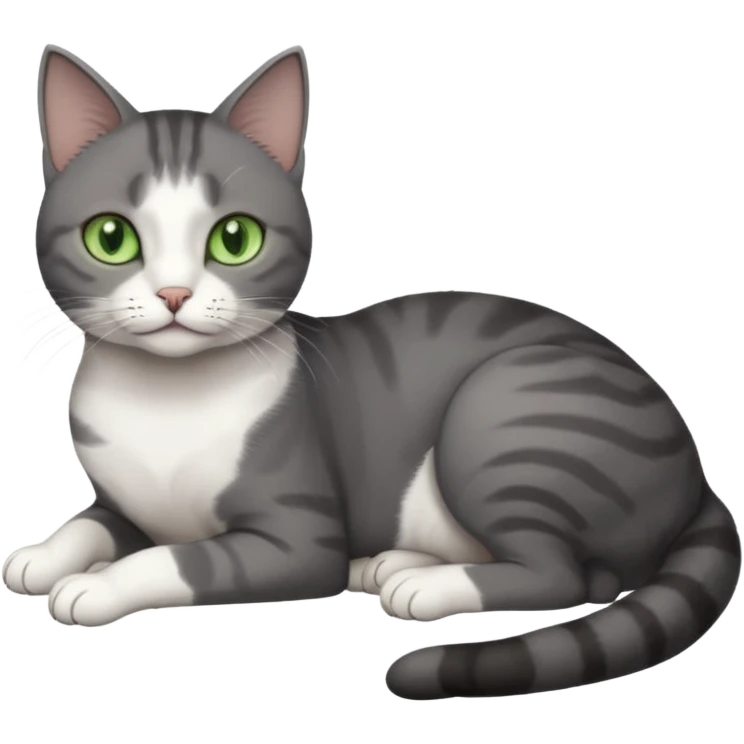 full body tiny short hair dark grey and white cat with white front legs and green eyes lying down emoji