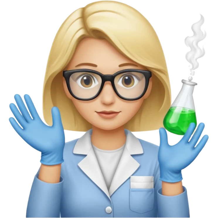 Eine hellblonde Chemikerin mit Kittel, Handschuhen, großer Labor-Sicherheitsbrille und typischem Erlmeyerkolben in der Hand emoji