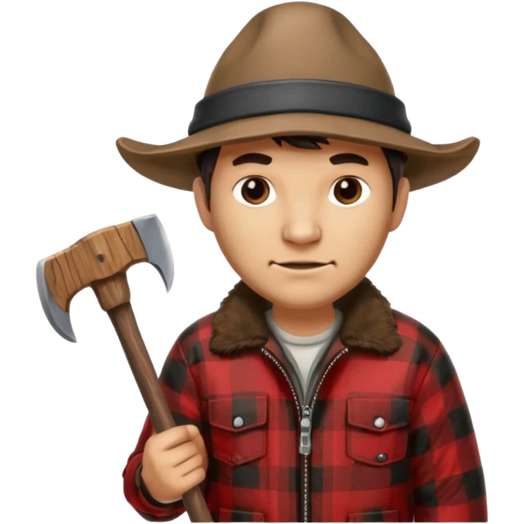 Man wearing buffalo plaid jacket and hat, with an 🪓  emoji