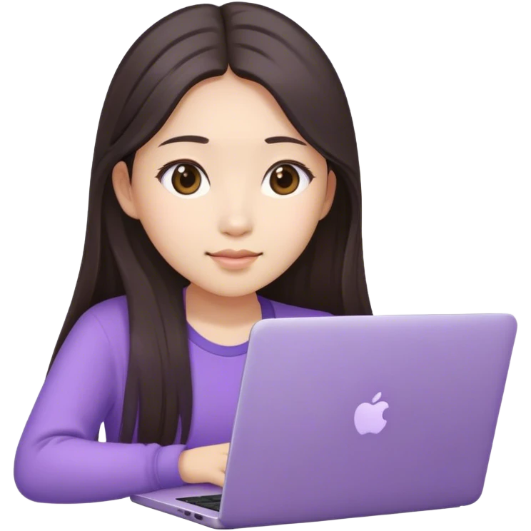 Long hair brunette Asian girl working on lavender laptop emoji