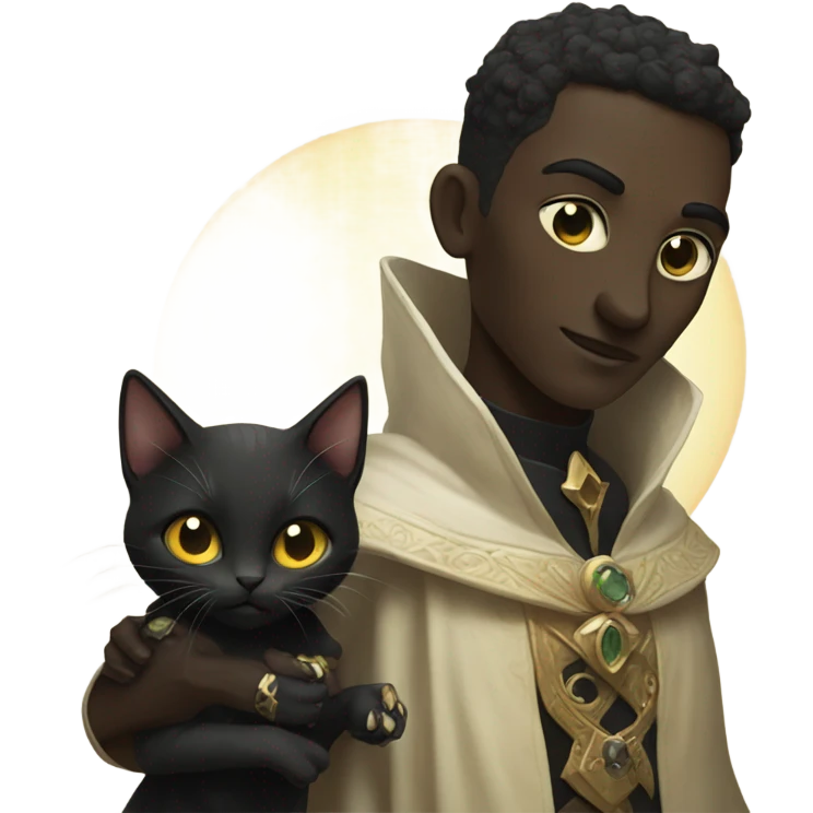 A pale sun warlock who is holding a black kitten emoji