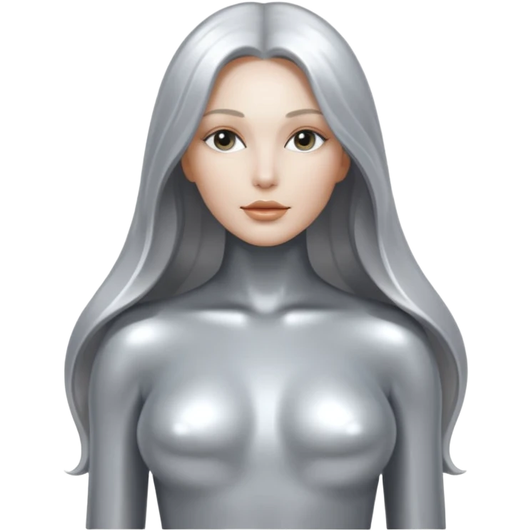 abstract sensual body silhouette, liquid silver chrome, smooth curves,chrome silver long hair, chrome metallic silver full face  and body emoji