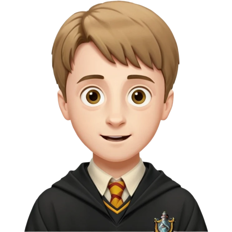 Hugh Mitchell is colin creevey in harry potter, wear hogwarts uniform,  Short light brown hair, small and skinny, with a perpetual look of excitement on his face. emoji