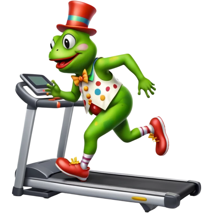 a frog running on the treadmill with the clown shoes and clown face a frog is a little bit fat emoji