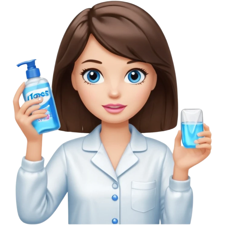 Barbie girl with makeup, blue eyes , and bob long haircut wave, short brown hair in white pajamas, face gel in hand emoji