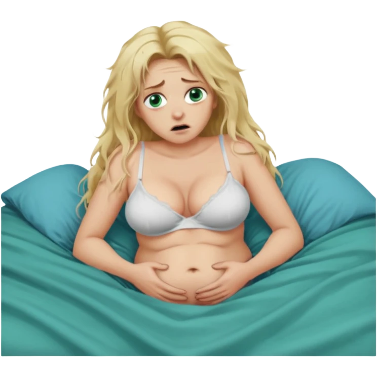 Blonde baddie with very long messi hair blue-green eyes  and lay in a big bed in underwear sie hat Todesangst und guckt schmerzhaft erschrocken Bauch aufgebläht und das Bettlacken ist blutig ihre Brüste unnatürlich riesengroß.ein großer Mann war das, der sie festhält unter der decke emoji