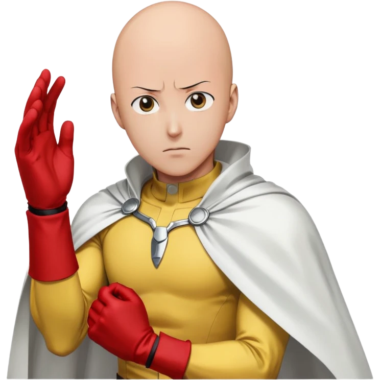 Saitama from One Punch Man, bald head, blank expression, yellow hero suit with white cape, red gloves emoji