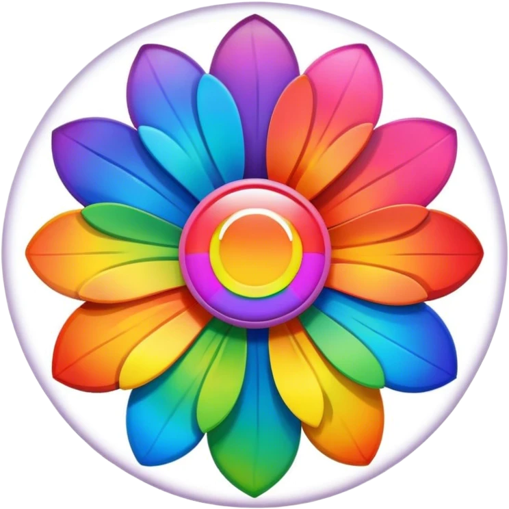A round psychedelic colored button with a large rainbow colored flower in the center emoji