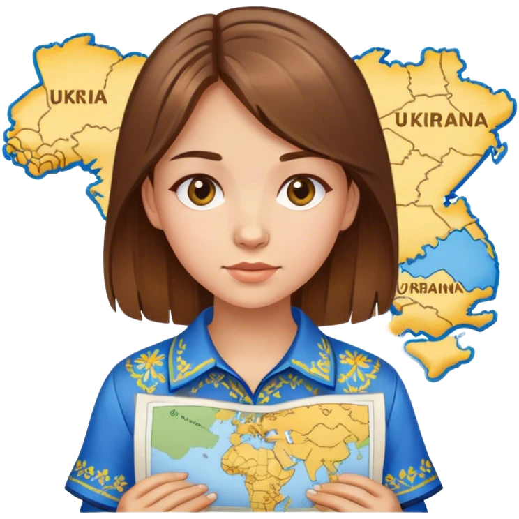 A Ukrainian girl with brown hair wearing an embroidered shirt holds a map of Ukraine emoji