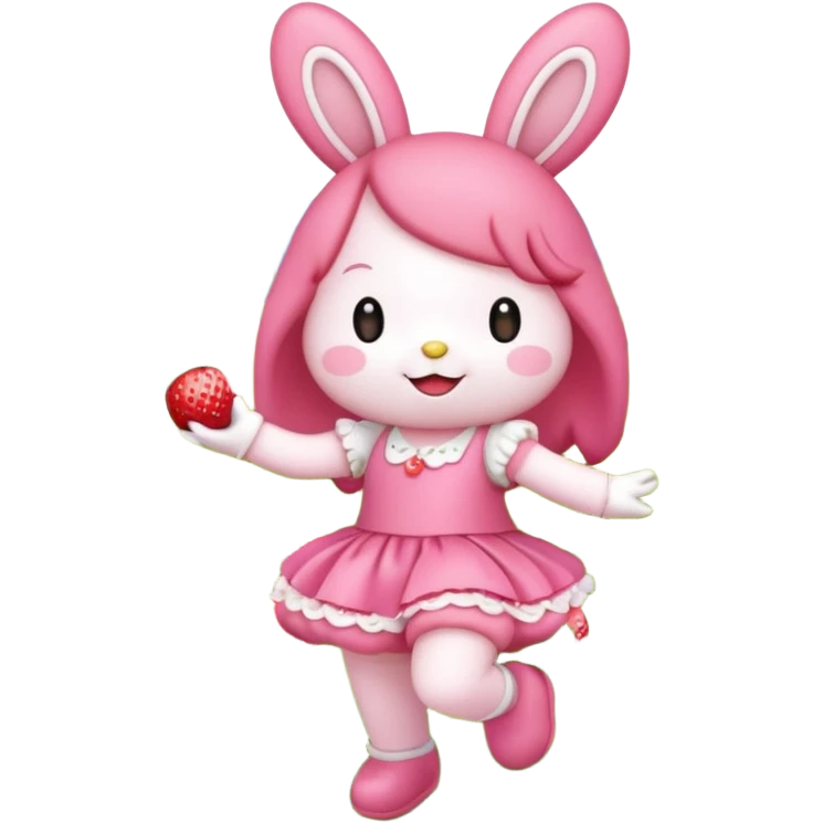 My melody dancing in a meadow of flowers while eating a strawberry emoji
