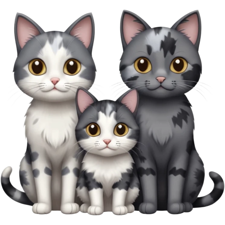 3 different coloured small cats including a dark grey and white, and a patchy calico and a completely solid dark grey with only white paws emoji