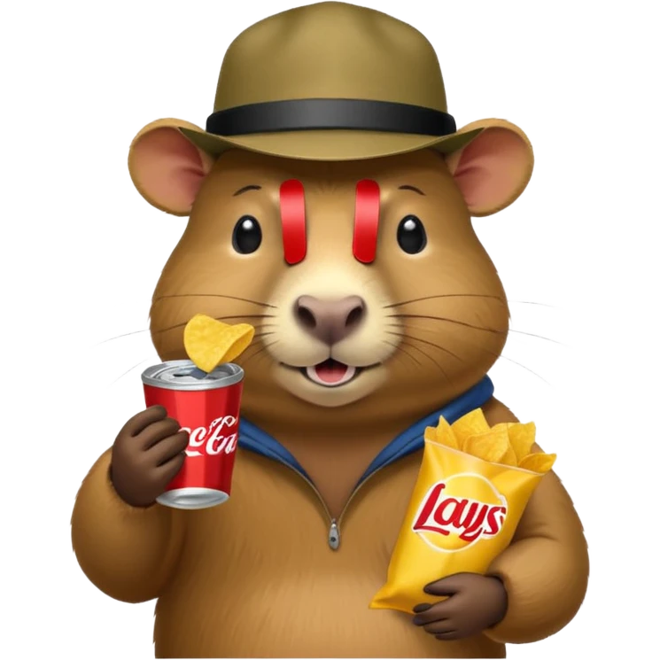 Capybara with a cool hat  eating Lays chips with coke emoji