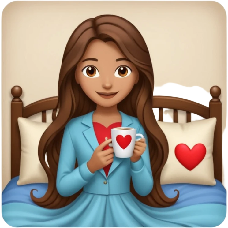 Un emoji de una chica con el pelo castaño y largo y suelto así como vestida como una that Girl y un café con dibujo de corazón y una cama aesthetic modo vida perfecta emoji