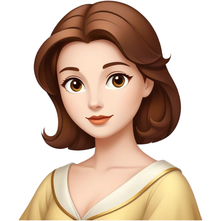 Cinematic Majestic Belle Portrait Emoji, rendered in a clean, vector-style with bold, simplified shapes. Show Belle with a serene, noble expression, fair skin and gracefully styled brown hair, her classic attire refined and understated. The design radiates a majestic, enchanting glow with high shine and a soft glowing outline, embodying royal elegance. emoji