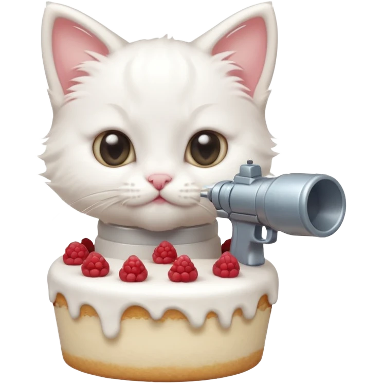 реалистичный белый котенок стреляющий из пороховой пушки тортиком emoji