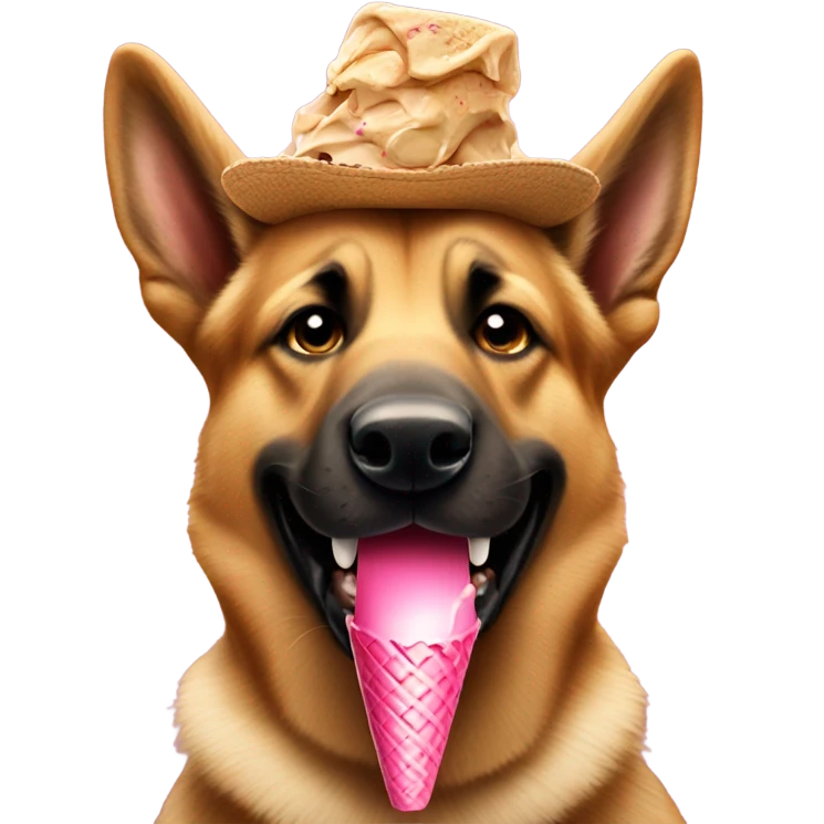 German Shepard in a hat eating an ice cream cone emoji