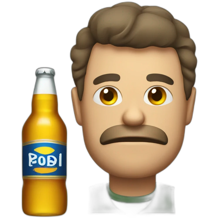 A man with a broken eye and a bottle of beer emoji