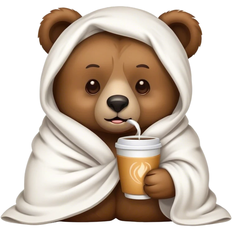 Bear wrapped in a white blanket drinking coffee emoji