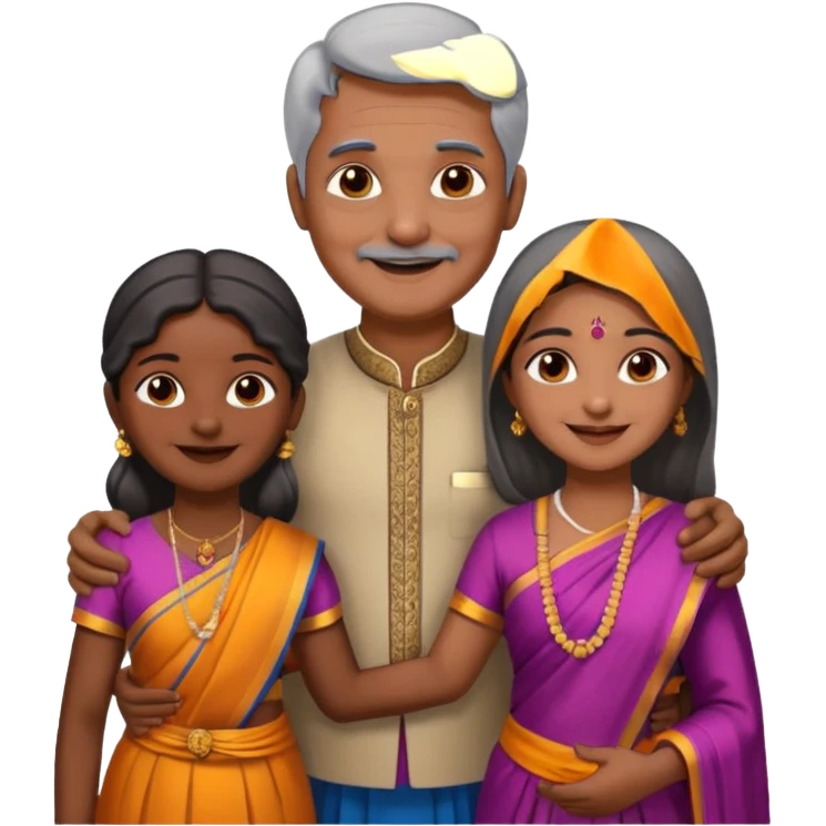 South indian family with a 70 years old father and mother and a 40 years old daughter. They wear a traditional dress. They are smiling. emoji