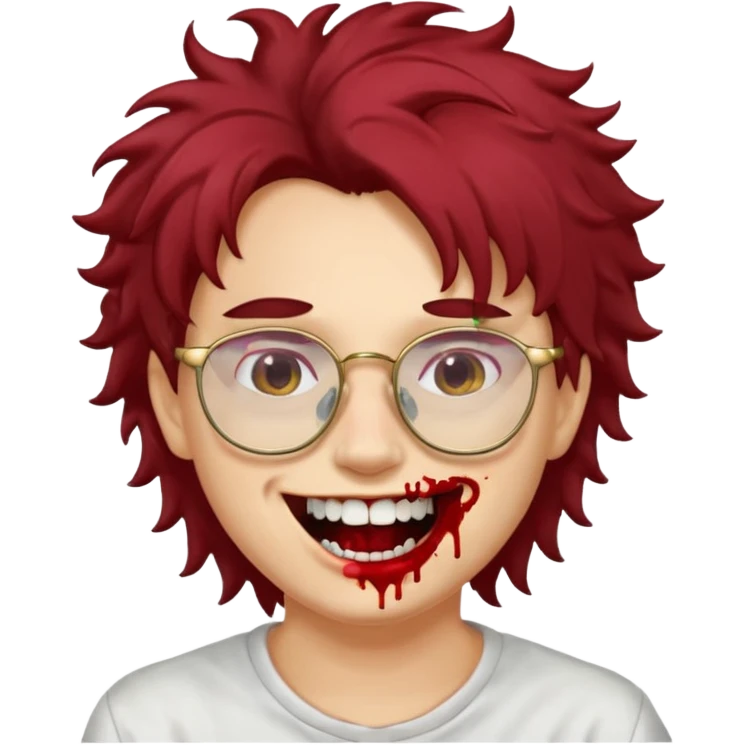 Cabelo bagunçado com oculos sorrindo com metade do rosto com dente de ouro e saindo sangue da boca  emoji