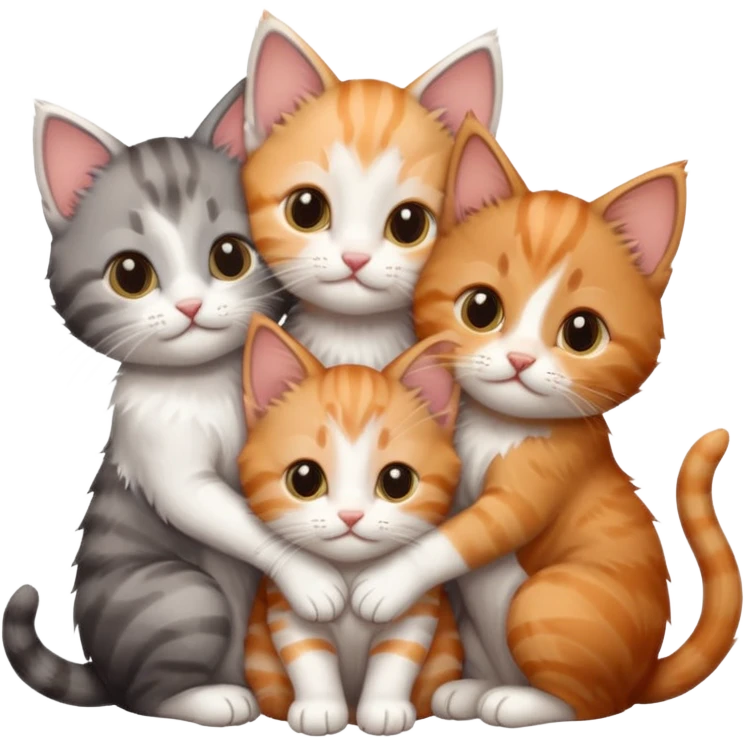 3 tiny kittens cuddling together all different colours, the first one is grey and white, the second is ginger and white and the third is brown tabby and white emoji
