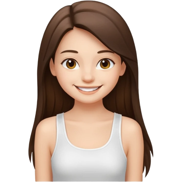 a pretty bratz fair girl with straight brunette long hair, wearing a white thin strap trap tank top, smiling emoji