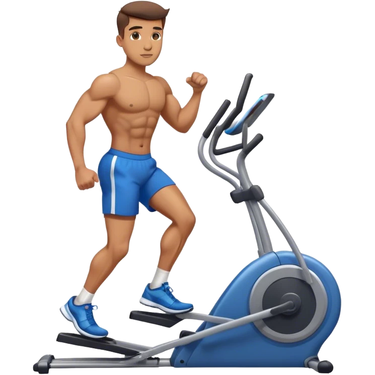 buff guy in blue shorts using elliptical emoji