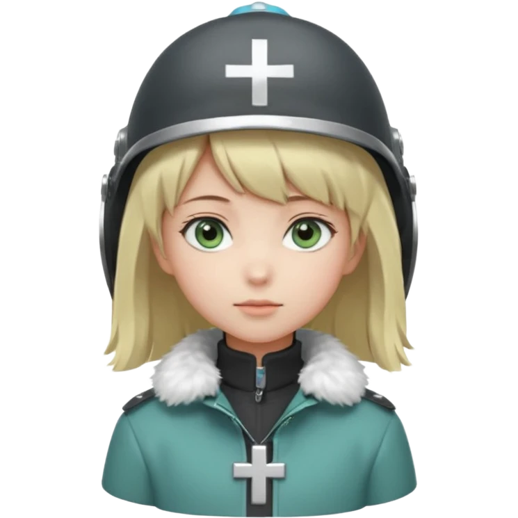 a cute anime girl with short blonde hair and soft bangs, large light blue eyes, and a gentle, calm expression. She is wearing a dark gray helmet with a small cross symbol on the front and a green coat with a fluffy white fur collar. Minimalistic, soft, and innocent character design. emoji