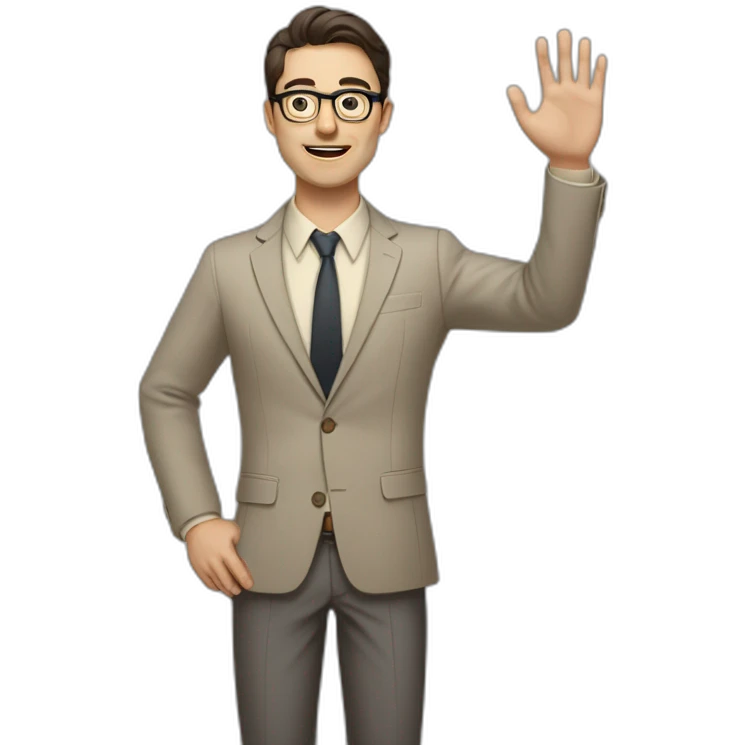 Full height Actively gesturing with hands Pale skinned fit man with dark brown hair in gray jacket, beige office shirt, brown tie, brown pants and vintage glasses. emoji