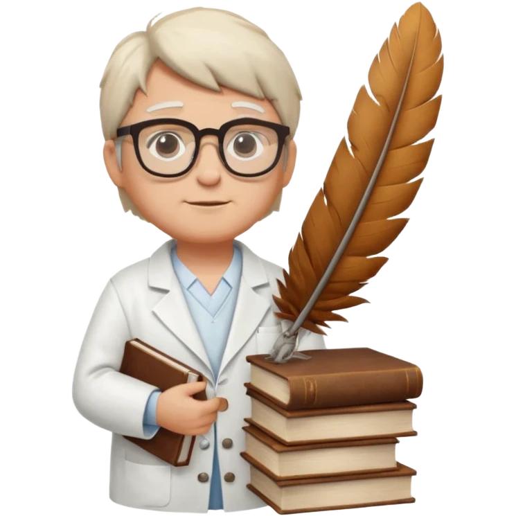 Wise grif with glasses, wearing a lab coat, perched on a stack of books. emoji