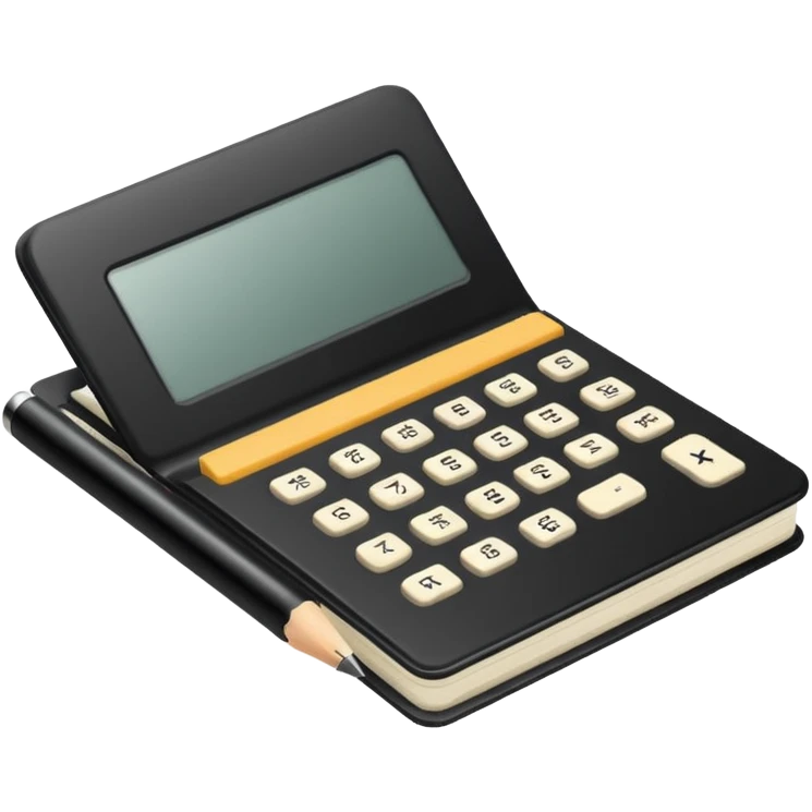 Minimalistic flat vector icon, iOS style, thin black contour on white background. Small black notebook with visible binding, placed next to a calculator. Clean, modern, no text, no shadows. emoji