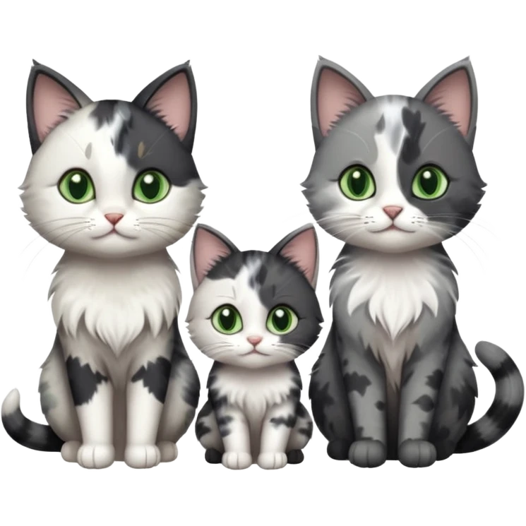 3 different coloured small cats including a dark grey and white, and a patchy calico and a completely solid dark grey with green eyes and only white paws emoji