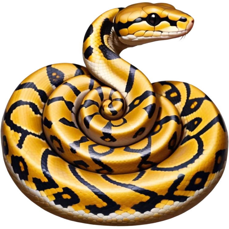 A photo-realistic top-down view of a Ball Python gently coiled into a tight spiral, with its head resting peacefully at the center. Its scales are warm brown with bold, irregular black markings, including the distinctive “alien-head” pattern, flowing smoothly along its body.  emoji