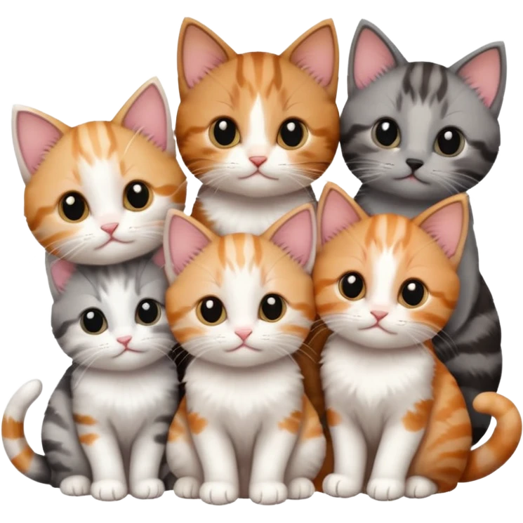 6 tiny kittens cuddling together all different colours, the first one is grey and white, the second is ginger and white and the third is brown tabby and white emoji