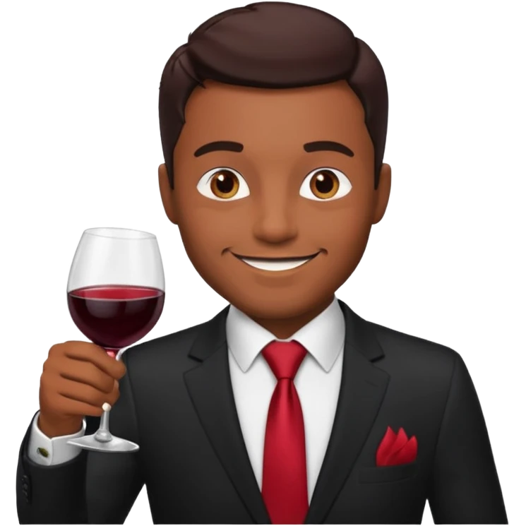 Man with black suit and red tie, brown skin, handsome, drinking wine with a happy face emoji
