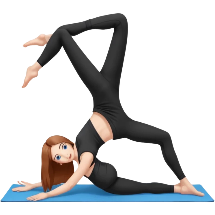 A girl with fair skin and a natural blush. Eyes are large, expressive, blue. Hair is long, straight, chestnut-colored. The smile is soft, friendly, practicing yoga in the adho mukha svanasana pose in a black top and leggings emoji