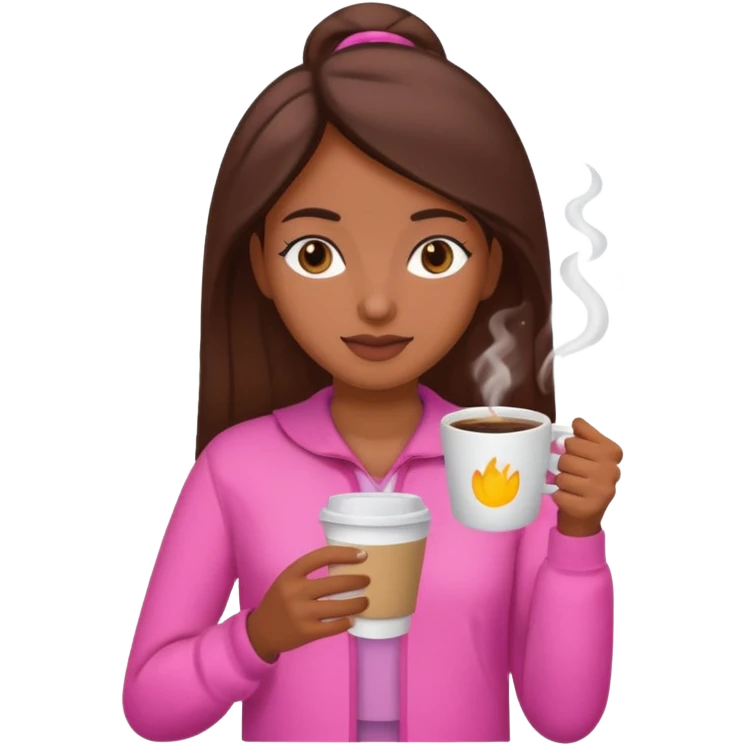 Mulher morena tomando café  com roupa rosa esfriando o café  emoji