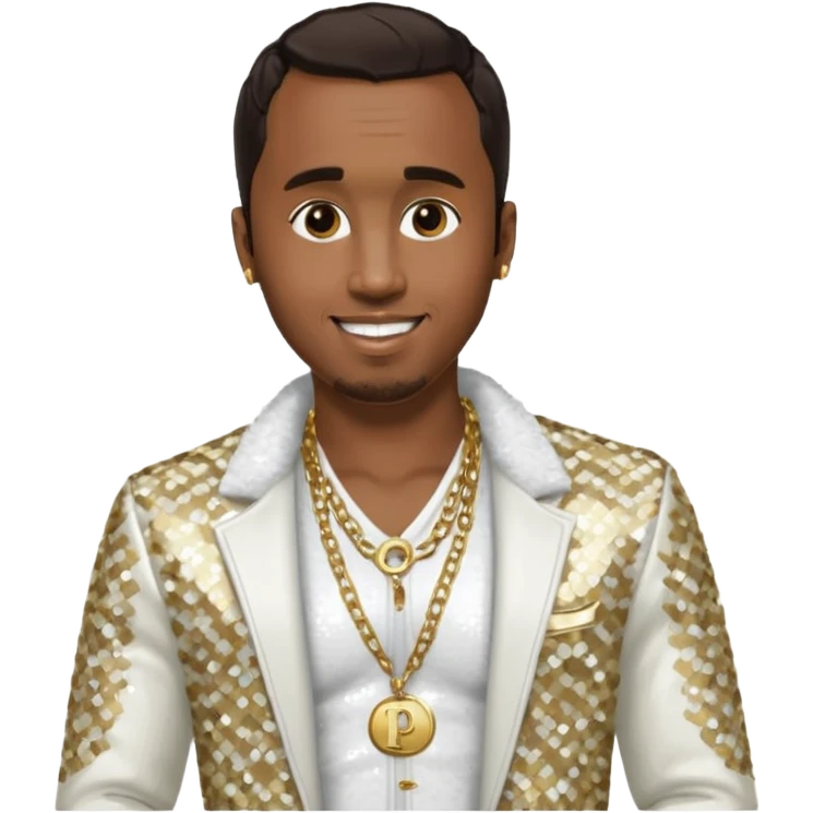 P. Diddy with dark brown hair, white sequin jacket, shirtless with necklace emoji