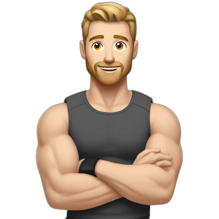 Close up Actively gesturing  with hands Pale skinned Fit Man With the biceps and brown hair in dark gray Sleeveless Mike, black oversize sports shorts, watch and white Sneakers emoji