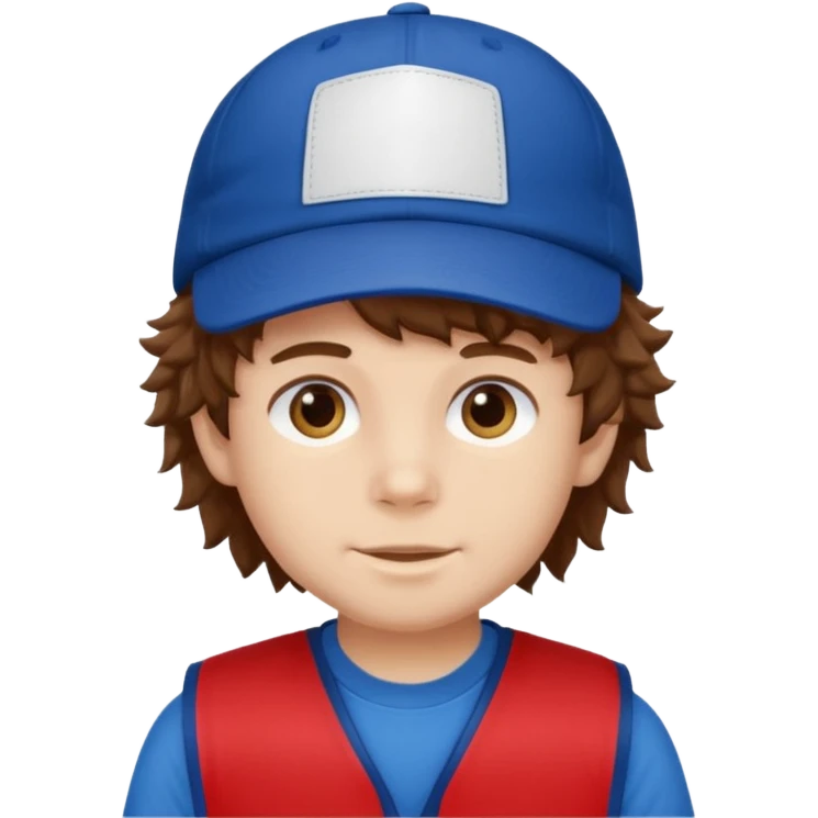 brown fluffy hair kid with blue and white cap dark blue jilet red t shirt emoji
