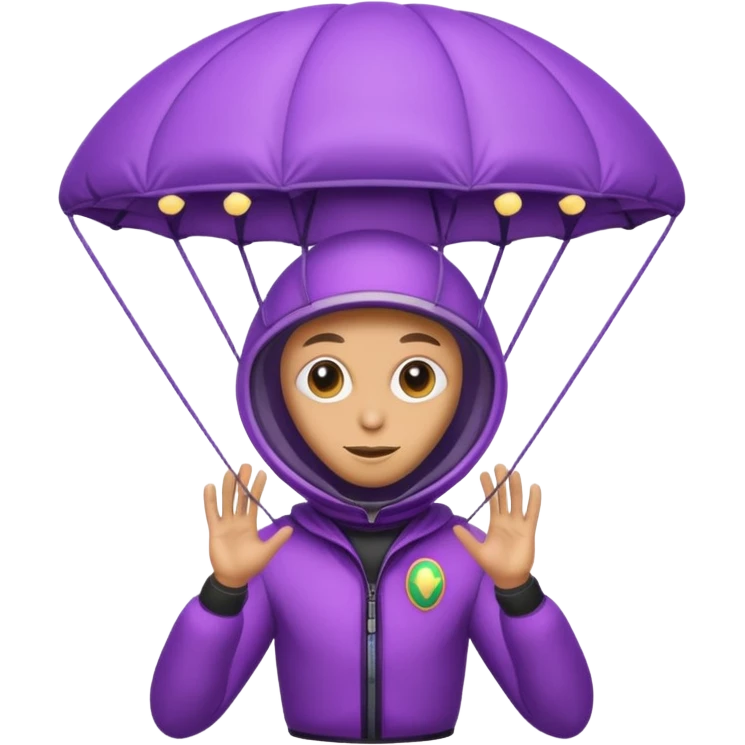 Skydiving purple alien with parachute and UFO emoji